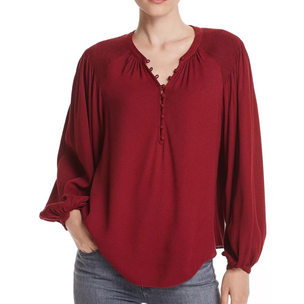 Joie Addalla Smocked-Shoulder Peasant Top Wine Red Small Casual Relaxed Fall